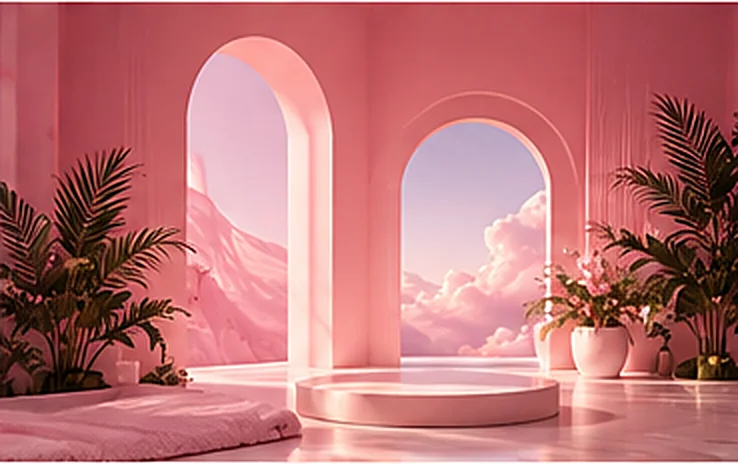 A pink room with arched windows opening onto clouds